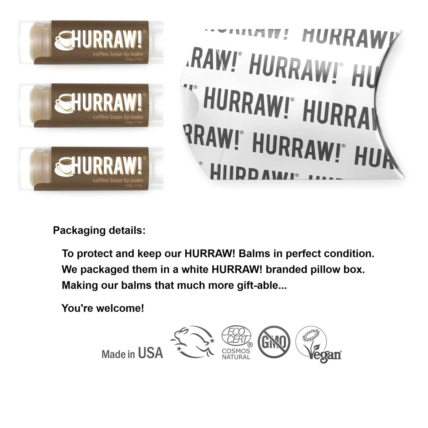 Hurraw! Coffee Bean Lip Balm, 3 Pack: Organic, Certified Vegan, Cruelty and Gluten Free. Non-GMO, 100% Natural Ingredients. Bee, Shea, Soy and Palm Free. Made in USA