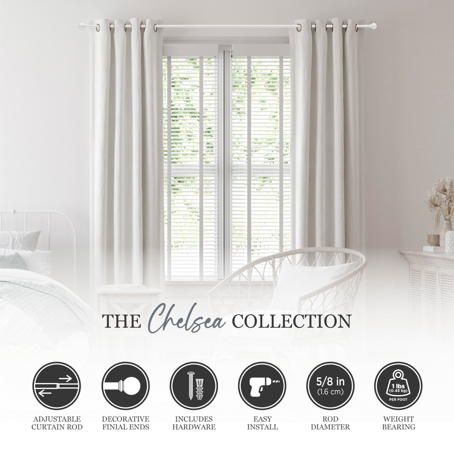 Kenney Chelsea Ball End Window Curtain Rod, Adjustable Curtain Rod for Windows 28 to 48 Inches, Extendable Curtain Rod Set, White