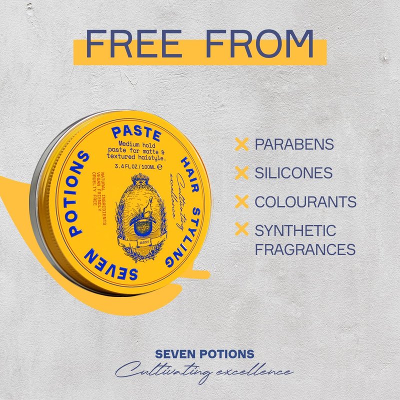 SEVEN POTIONS Men’s Hair Styling Paste — Medium, Flexible Hold with No Shine — Water-Based, Natural, Vegan & Cruelty-Free — Easy Restyle, No Shine — Alternative to Hair Putty, Clay Pomade — 3.4 fl oz