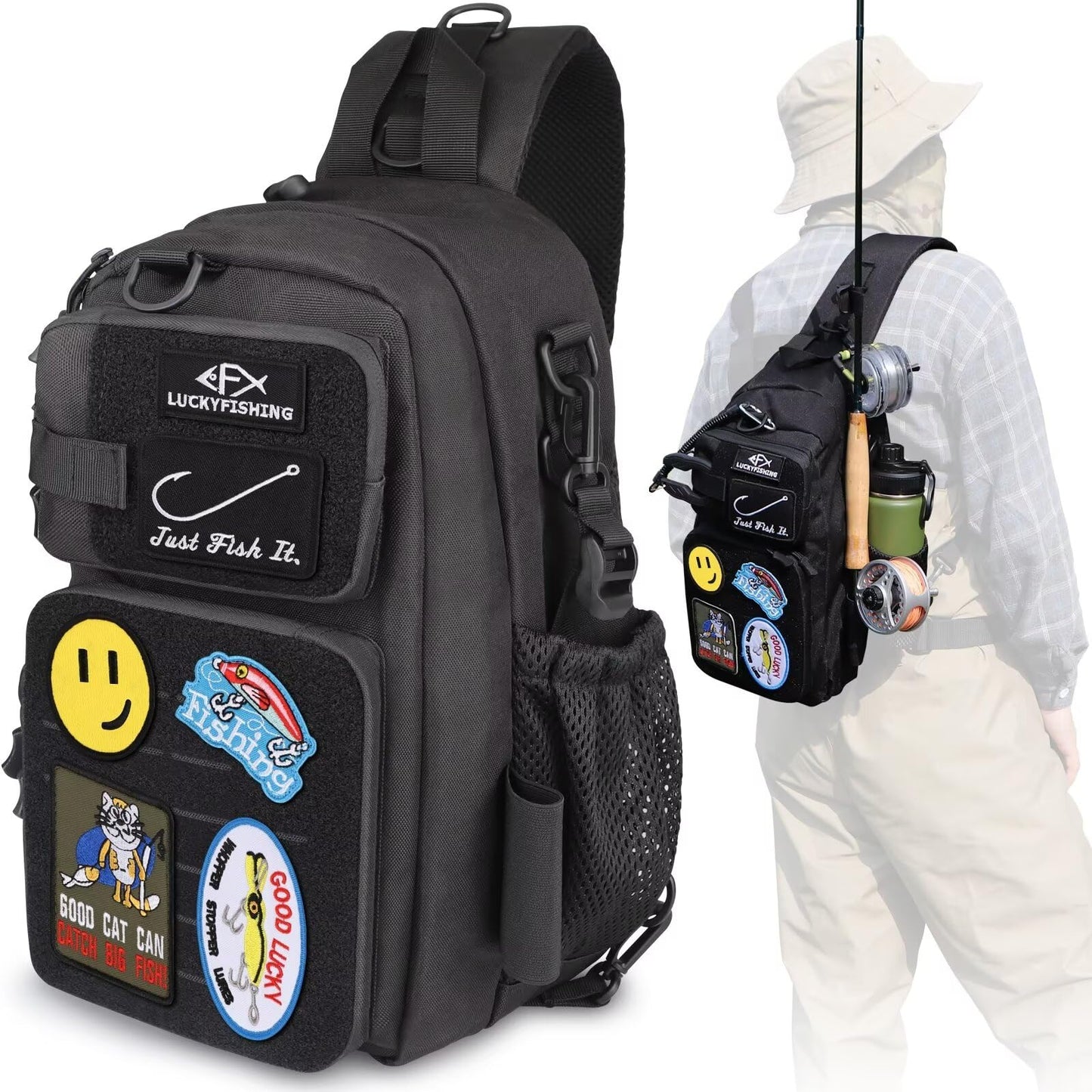 LUCKYFISHING Fishing Backpack - Lightweight Fly Fishing Sling Bag with 6PCS Hook Style DIY Embroidery Patches