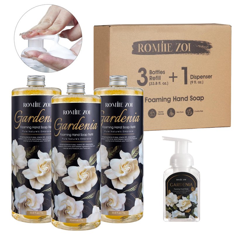 ROMIIE ZOI Hand Soap Refills Foaming, Gardenia Scent Natural Plant Moisturizing Foam Soap Refills with Dispenser 1 L/ 33.8 FL OZ(Pack of 3)