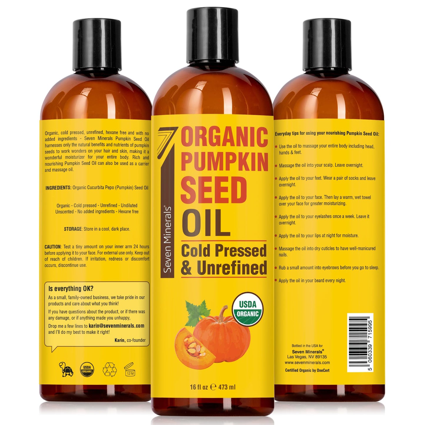 Seven Minerals NEW Pumpkin Seed Oil for Hair Growth, Face, & Body - Big 16oz Bottle - USDA Organic, Cold-Pressed & Hexane Free - Lightweight, Non-Greasy, & Deeply Moisturizing for Scalp, Skin