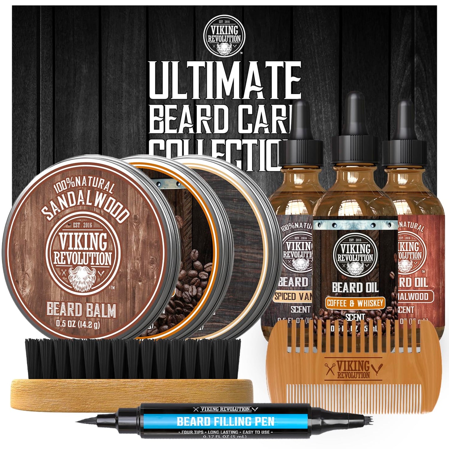 Viking Revolution Ultimate Beard Care Collection - Gifts for Men Includes Oil, Balm, Brush, Comb and Pen - Beard Kit for Men with Sandalwood, Spiced Vanilla, Coffee Whiskey, Sweet Tobacco