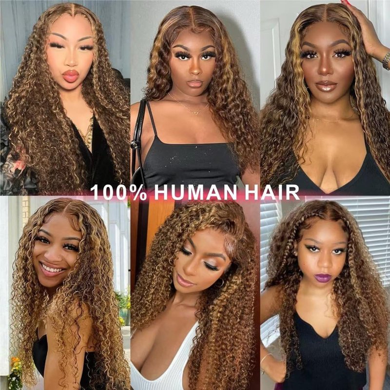 Bafamiya Highlight Brown Human Hair Wig P4/30 Curly Wave Lace Front Wigs Brown 20 Inch 13x6 Wigs Human Hair 200% Density Real Pre Plucked Brazilian Hair For Black Women