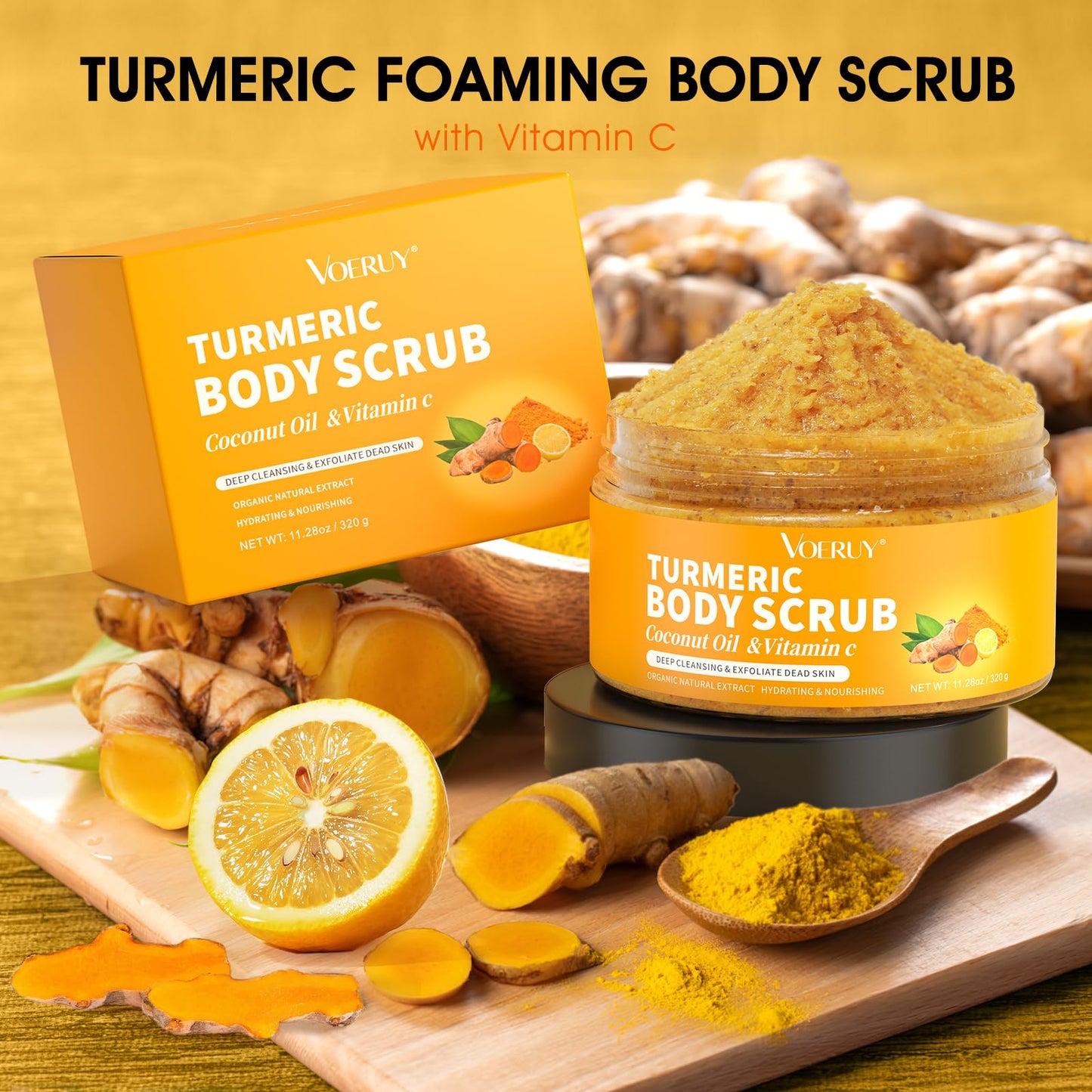 VOERUY Body Scrub, Turmeric Exfoliating Body Scrub, with Coconut Oil & Vitamin C, Bikini Area Exfoliator Gently Exfoliate Body Hand and Foot Scrub, Moisturized Skin for Women and Men, 11.28oz/320g