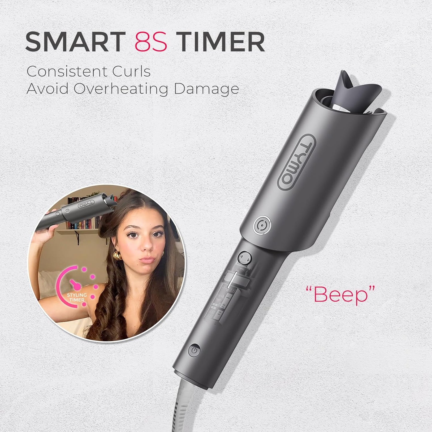 Tymo Automatic Rotating Curling Iron - 1 Inch Beach Waves Curling Wand | Dual Voltage, Lightweight, Ceramic Coating, Metallic Gray