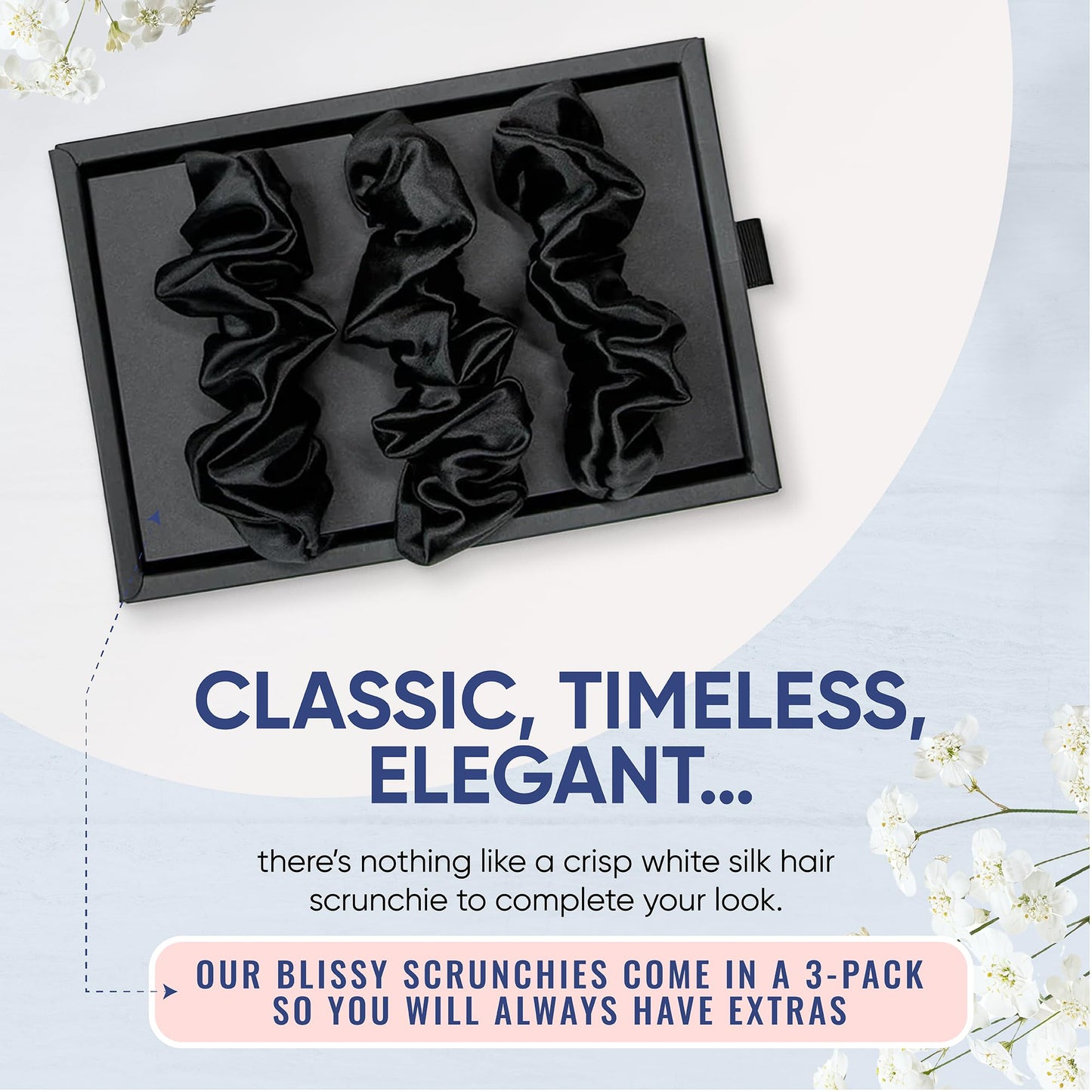 Blissy Silk Scrunchies (3 Pack) - 100% Pure Mulberry Silk - 22 Momme 6A High-Grade Fibers Scrunchie for Straight & Curly Hair - Preventing Breakage, Tangling, & Creasing (Black Skinny)