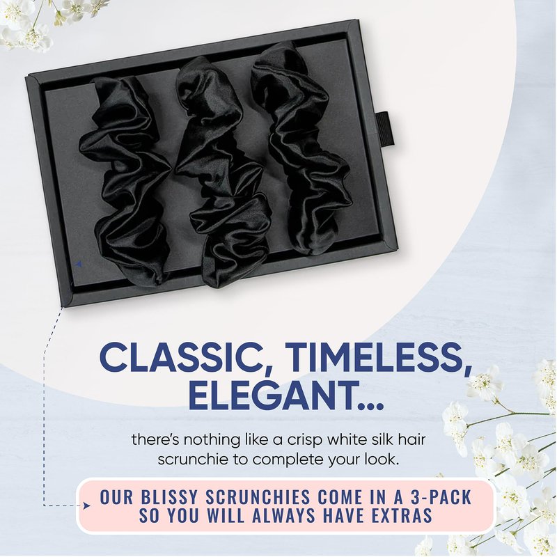 Blissy Silk Scrunchies (3 Pack) - 100% Pure Mulberry Silk - 22 Momme 6A High-Grade Fibers Scrunchie for Straight & Curly Hair - Preventing Breakage, Tangling, & Creasing (Black Skinny)