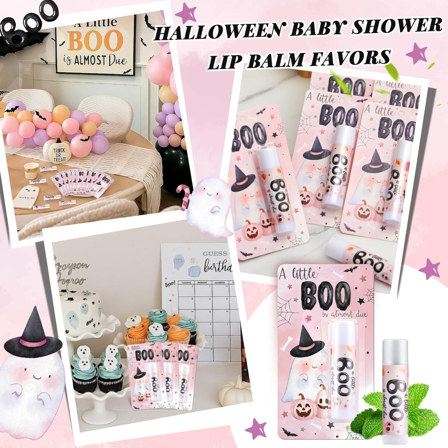 Halloween Baby Shower Favors - 50 Pcs A Little Boo Lip Balms | Pink Gender Reveal Gifts