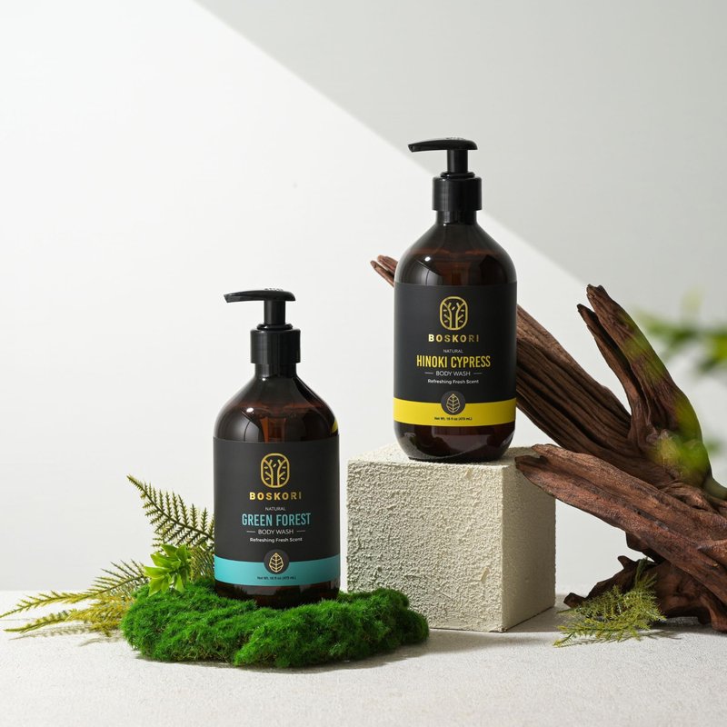 BOSKORI Men’s Hinoki Cypress Body Wash, with Pure Hinoki Essential Oil, Gentle Non-Drying Cleanser with Japanese Sake & Botanicals, No Harsh Sulfates, No Synthetic Fragrance, Made in Taiwan, 16 fl oz