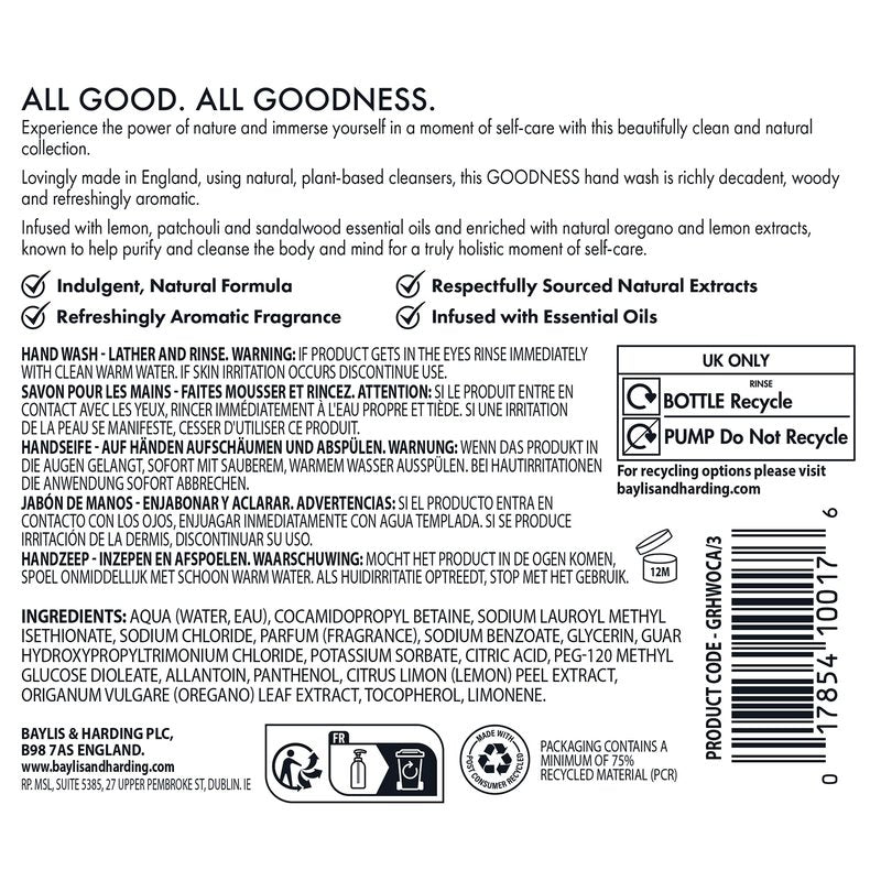Baylis & Harding Liquid Hand Soap Wash with Dispenser, Goodness, Oud Cedar & Amber, 16.9oz/500ml (3-Pack)