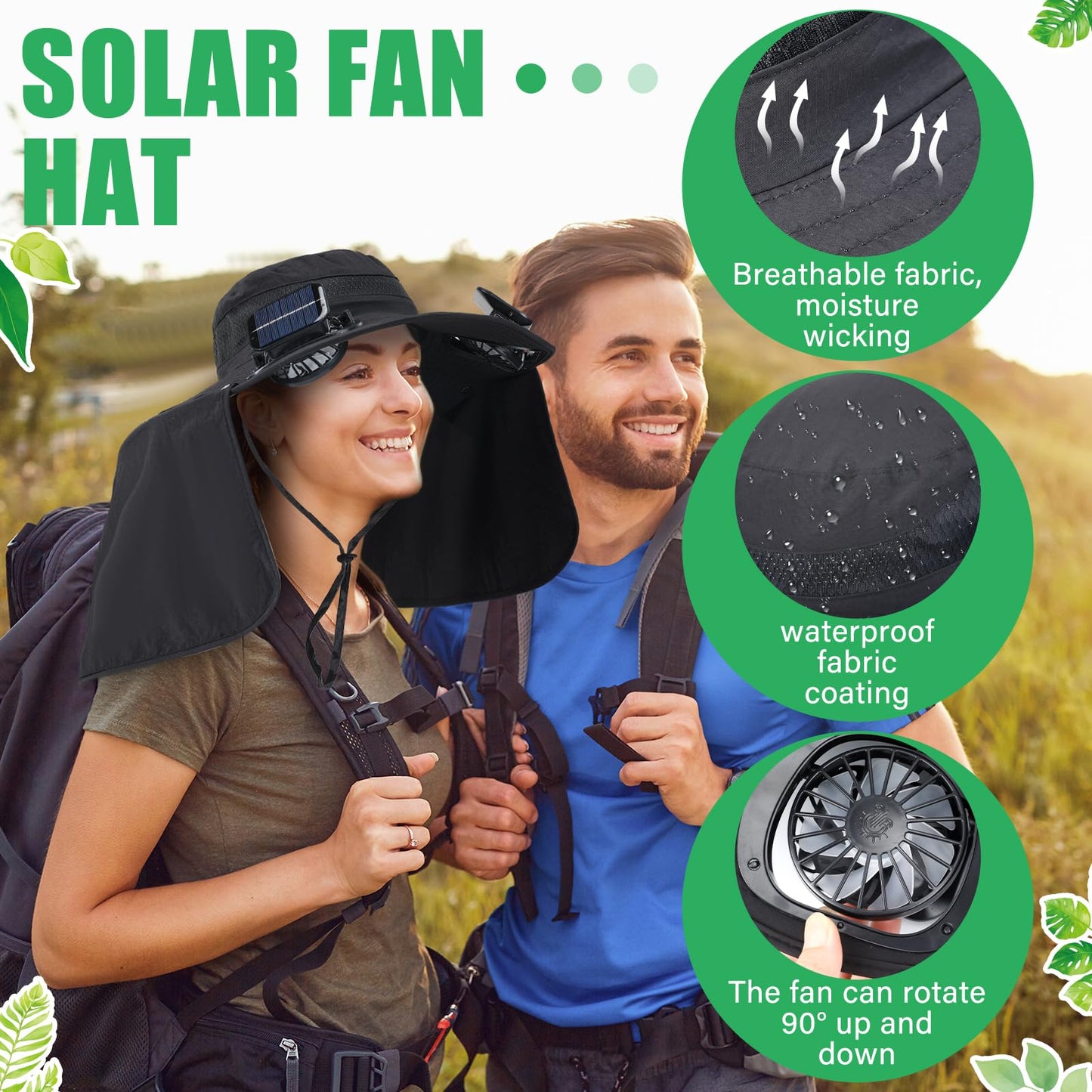 Chuarry Wide Brim Sun Hat with 2 Fan Outdoor Solar Powered USB Charging Fishing Hat with Neck Flap for Men Women(Black)