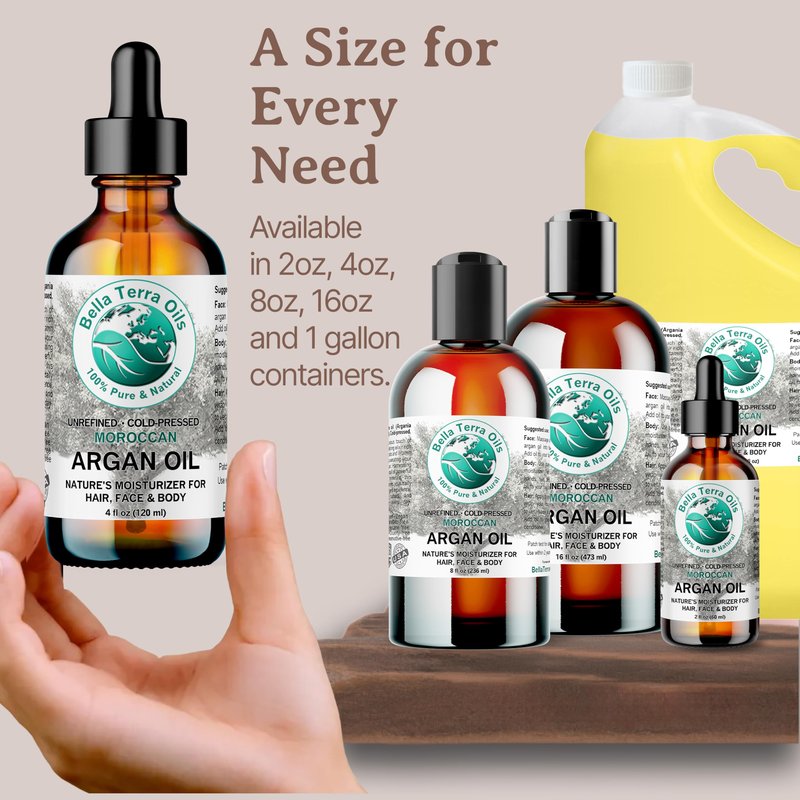 Bella Terra Oils - Argan Oil 16 oz - Cold-Pressed & Authentic, Hailing from Morocco's Argan Forests, Ideal Body & Face Oil, Keeps Frizz at Bay