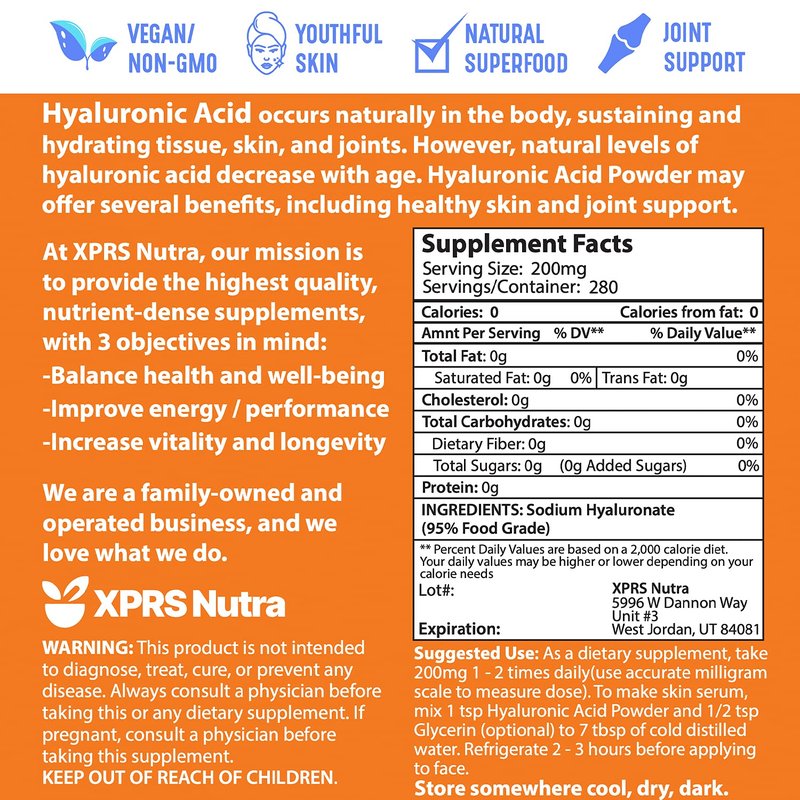 XPRS Nutra Hyaluronic Acid Powder - 14 Grams of Pure Hyaluronic Acid Serum Powder - DIY Serum for Face and Skin - Food and Cosmetic Grade Pure (2 oz)