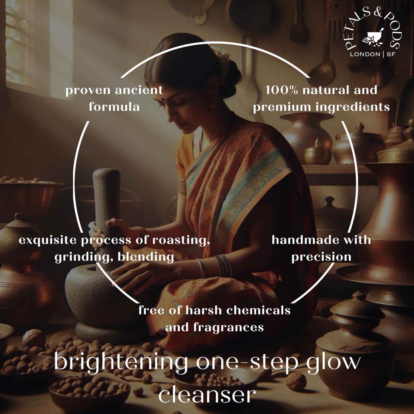 Petals and Pods Premium Handmade Facial Cleanser & Exfoliator Stick – ancient Ayurvedic formula for acne, blemishes, enlarged pores, uneven skin tone - Brightening 1-Step Glow (Face & Body Bar Soap)