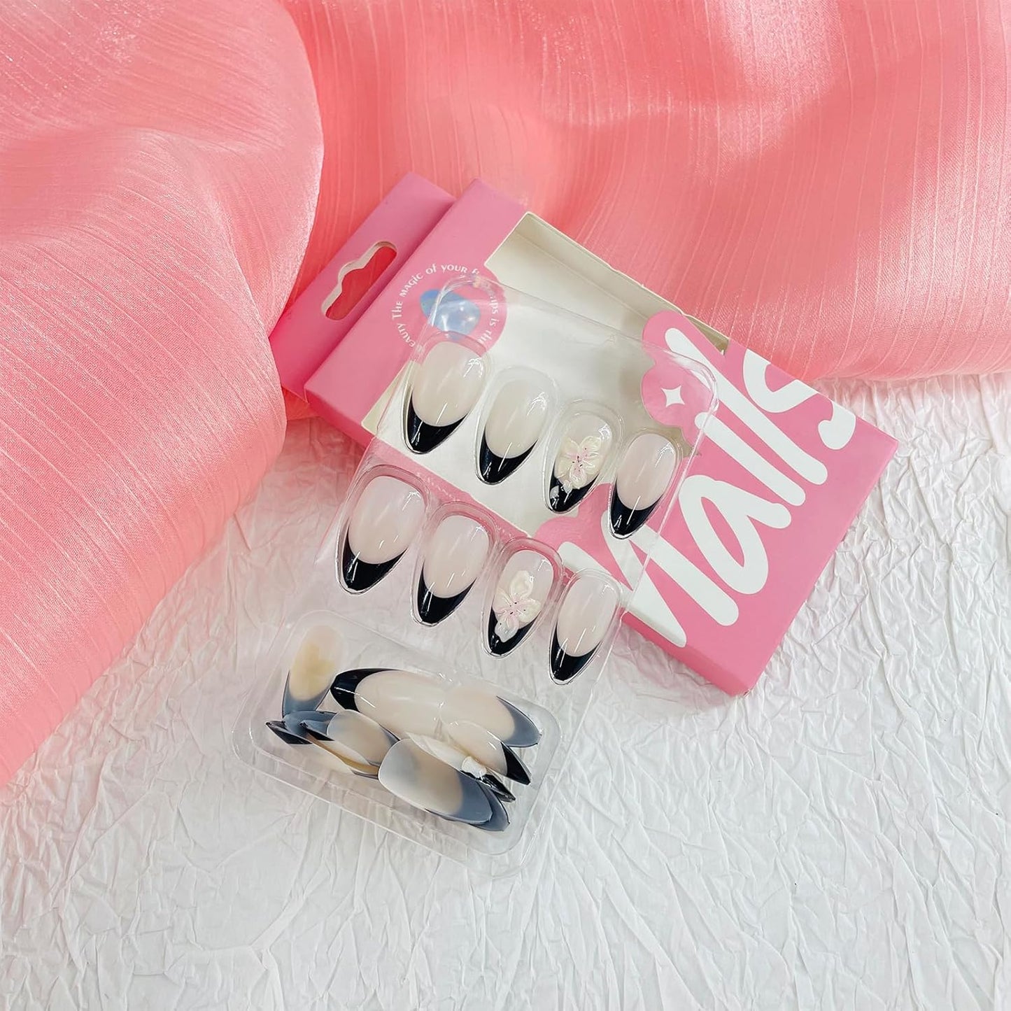 French Tip Almond Press-On Nails with Gold Bow | Reusable Glossy Acrylic False Nails for Women
