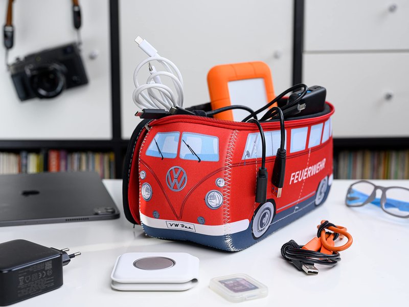 BRISA VW Collection - Volkswagen Neoprene Universal Makeup Cosmetics Toiletry Travel Pharmacy Bag in T1 Bus Design (Firetruck/Red) (Large (11.8 x 5.5 x 4.7 inches))