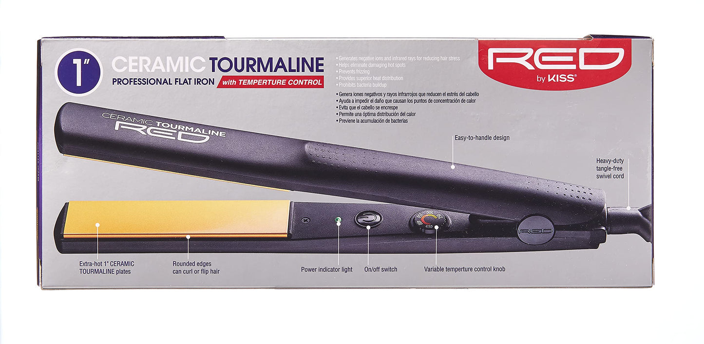 Red by Kiss Ceramic Tourmaline Professional Flat Iron – 1” Hair Straightener with Temperature Control up to 450°F, Anti-Frizz & Heat Damage Protection, Smooth, Frizz-Free Salon Quality Results