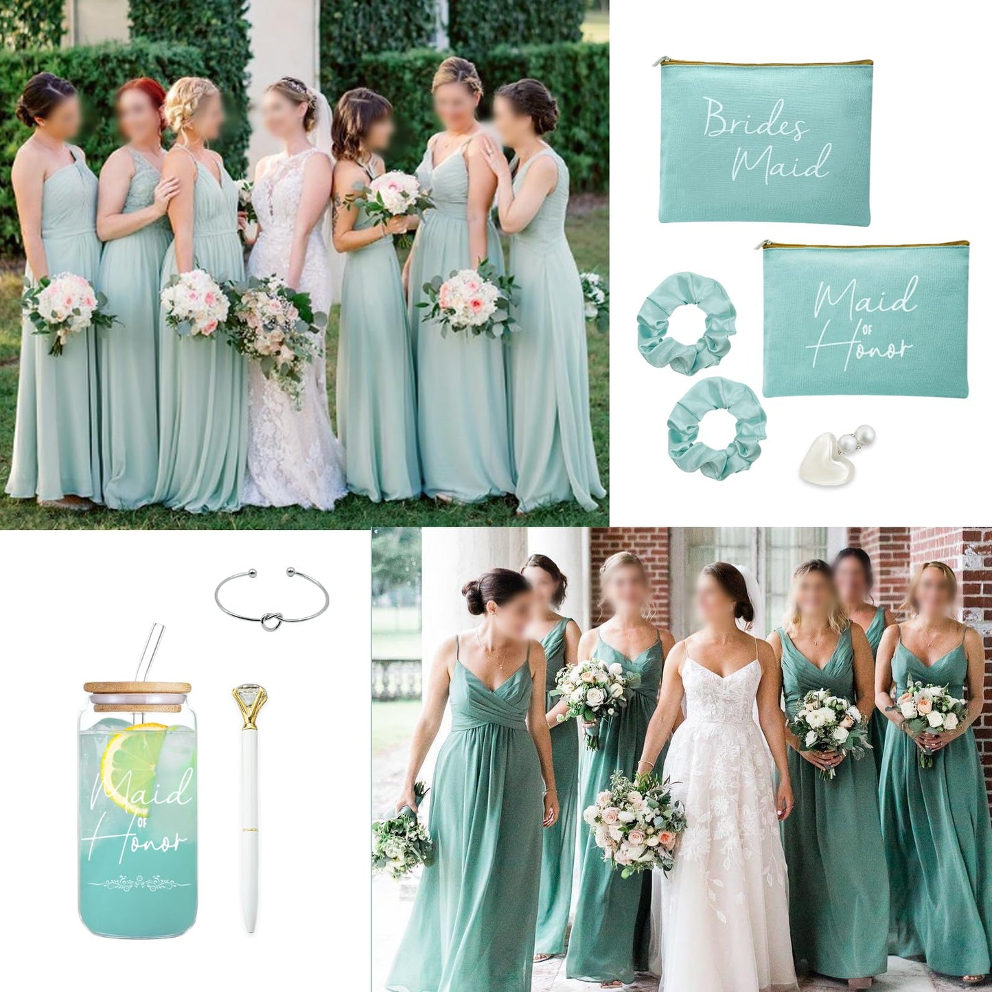 56pcs 8set Bridesmaid gifts bridesmaid proposal gifts, Maid of Honor Gifts contain 16oz Glass Cups Cosmetic Makeup Bags Invited Cards Scrunchies Hair Knotted Bracelets Diamond Pens love clip (Green)