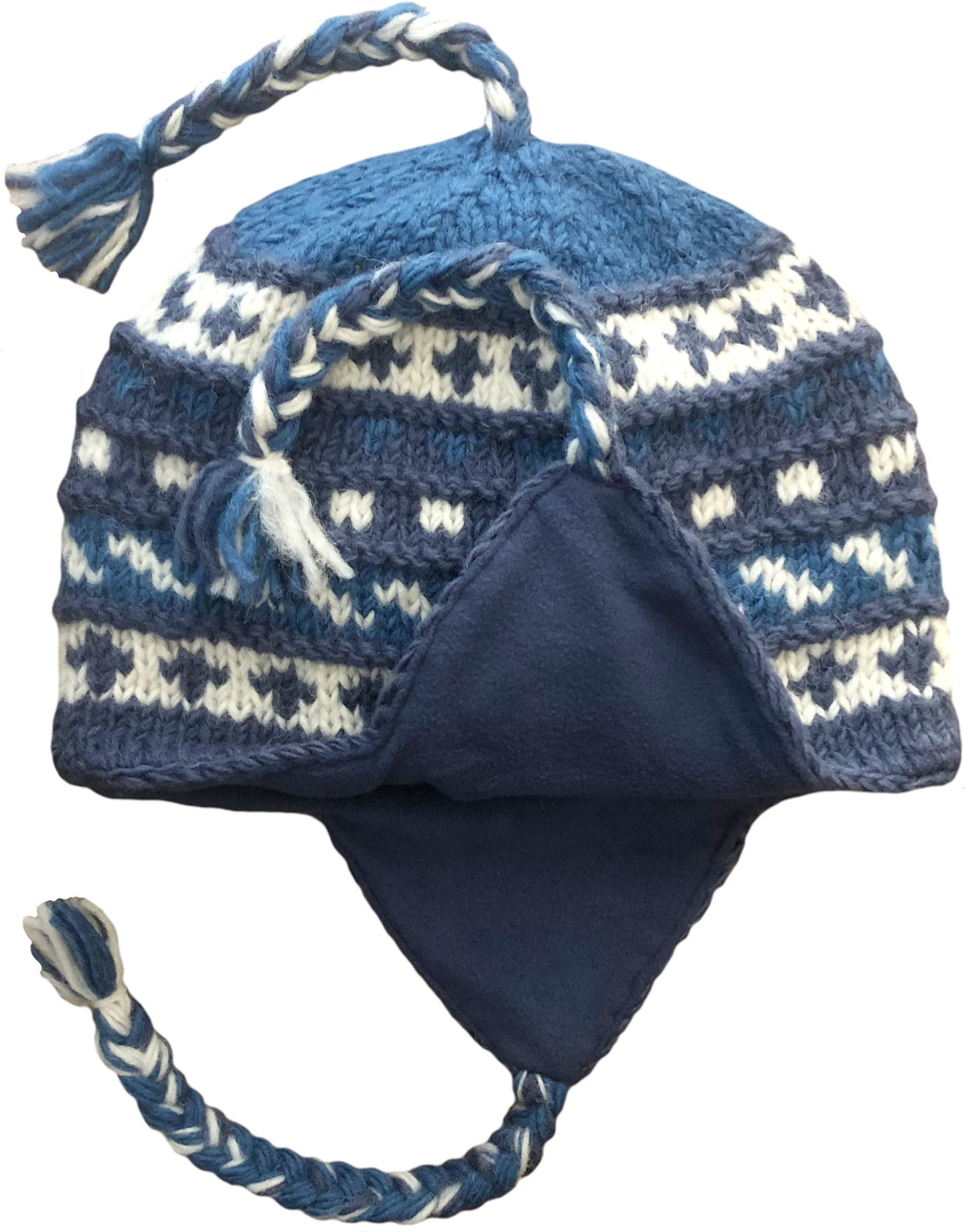 Nepal Hand Knit Sherpa Hat with Ear Flaps, Trapper Ski Heavy Wool Fleeced Lined Cap (White/Blue)