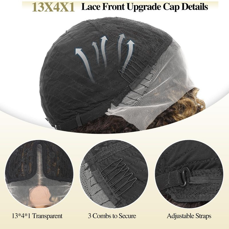 WIGER 15 inch Short Bob Lace Front Wigs 13X4X1 Curly T Part Wigs Middle Part Afro Kinky Curly Wigs Natural Black Synthetic Curly Wig For African American women