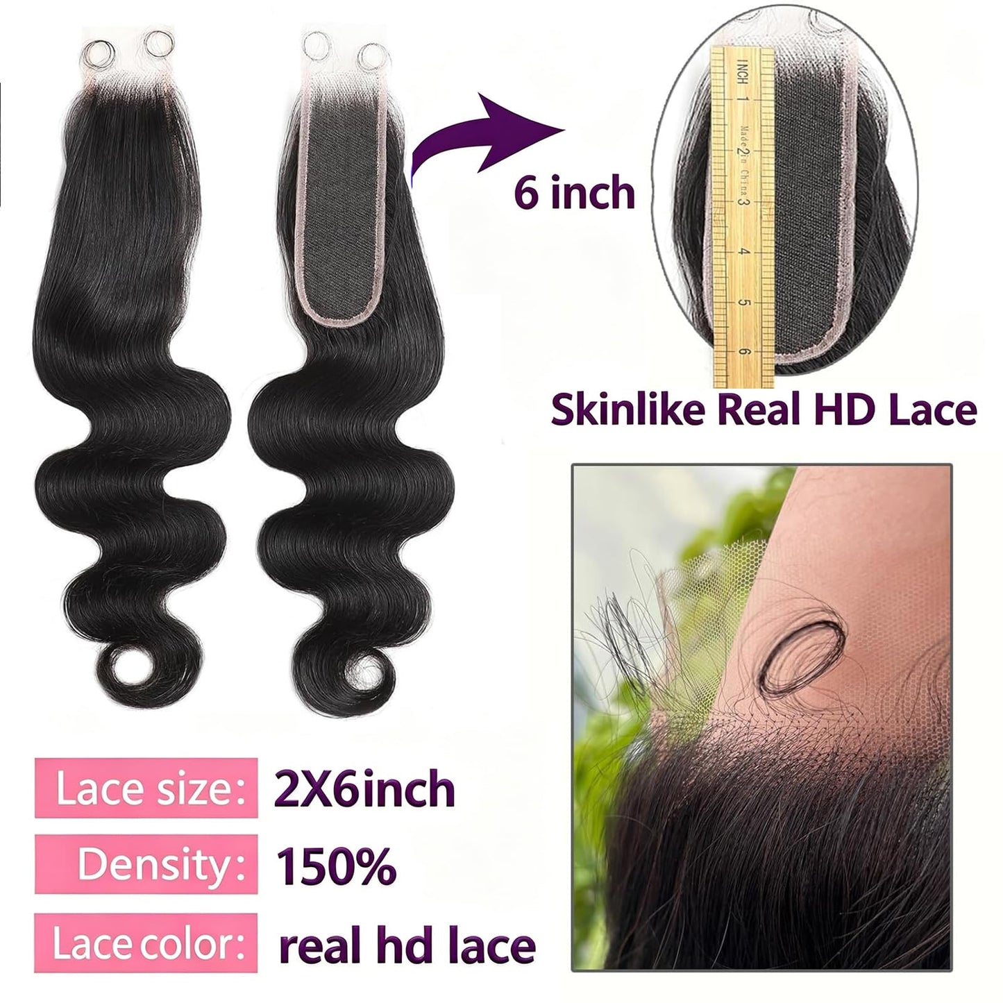 14 Inch 100% Real 2x6 HD Lace Closure Body Wave SKINLIKE Body Wave Closure Human Hair 0.1mm Ultra-thin Invisible Lace Swiss HD Lace Closure Pre Plucked Small Single Knots 100% Remy Human Hair
