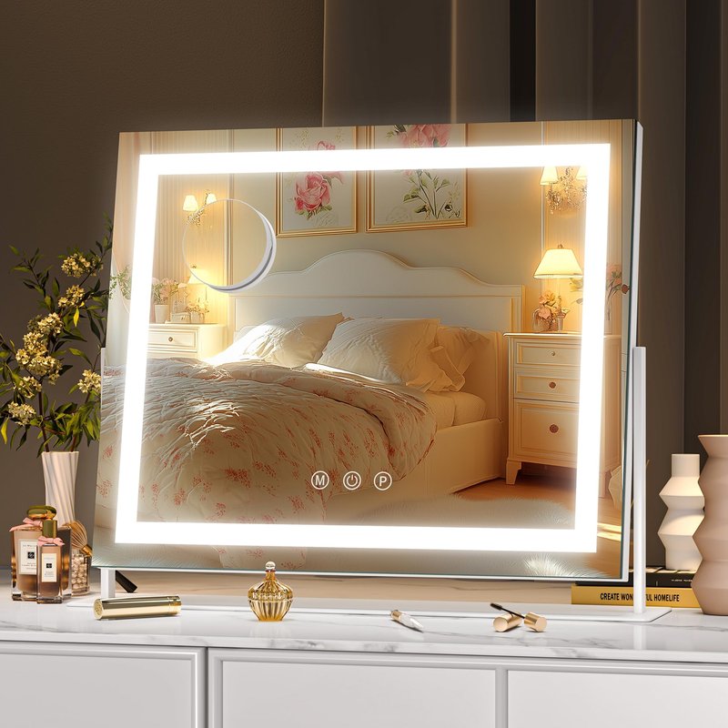 Hasipu Vanity Mirror with Lights, 13.8" x 10.6" LED Makeup Mirror, Light up Mirror with 10X Magnification, Smart Touch 3 Colors Dimmable, 360ยฐ Rotation (White)