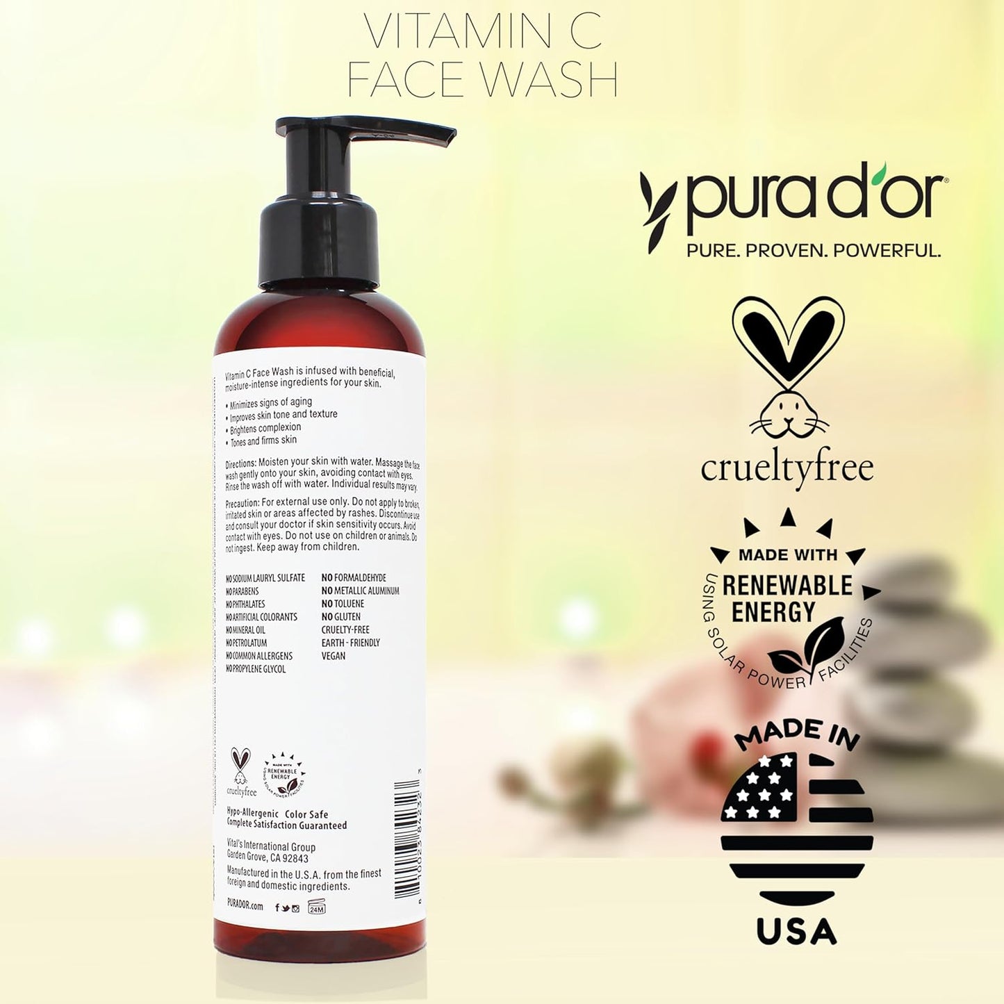 PURA D'OR Vitamin C Face Wash - Antioxidant-Rich Cleanser for Radiant Glow | 24oz (8oz x3)