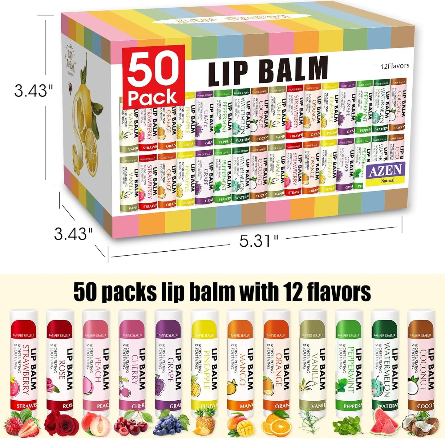 AZEN 24 Pack Lip Balm, Natural Lip Balm Bulk, Lip Care Product, Moisturizing Lip Balms for dry cracked lips - 12 Flavors