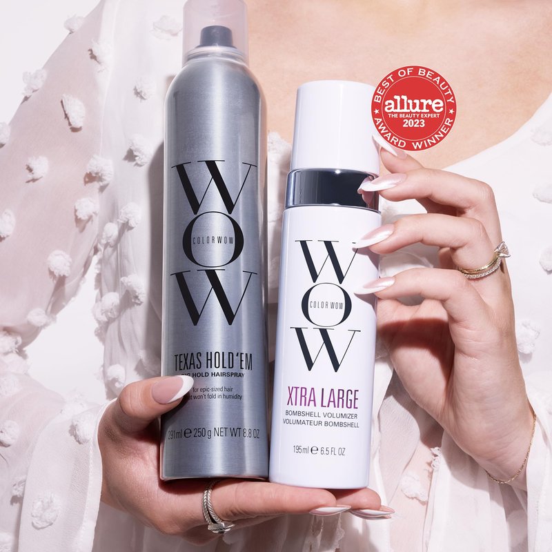 COLOR WOW Big Volume x Bold Hold Duo Bundle - Featuring XTRA LARGE BOMBSHELL VOLUMIZER for all-day volume and TEXAS HOLD 'EM big hold hairspray