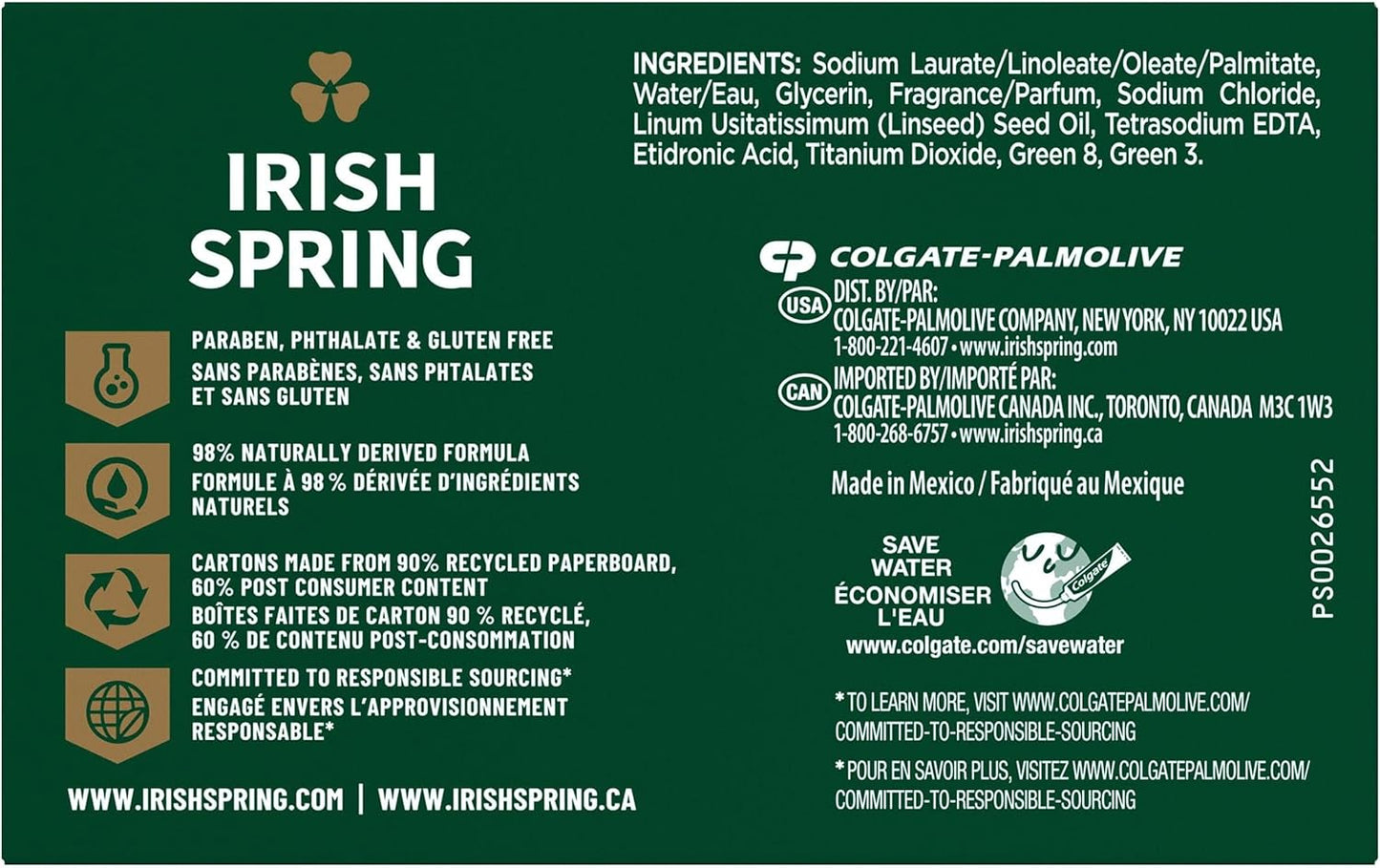 Irish Spring Original Scent Bar Soap 3.2 oz. Pack of 2