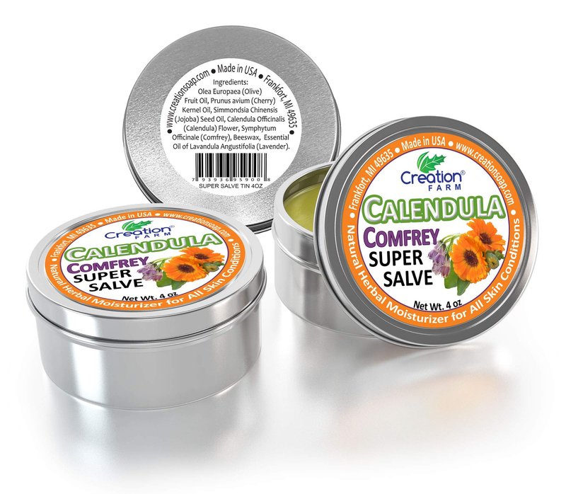 Calendula Comfrey Super Salve by Creation Farm, Herbal Balm, Moisturizer, and Ointment with No Gluten, Soy, GMO or Parabens, Made in USA Comforts many issues.