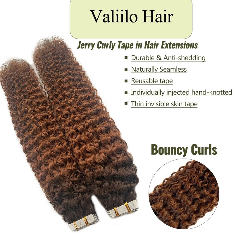 Curly Tape in Human Hair Extensions Ombre Brown to Medium Auburn Jerry Curly Hair Extensions Tape ins Extensions 18 Inch Double Sided Glue in Remy Hair 20pcs 50g for Women