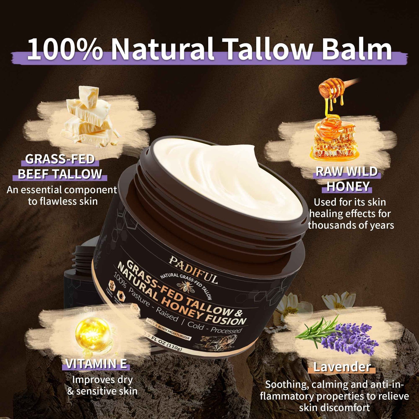 Beef Tallow for Skin - Homemade Beef Tallow and Honey Balm Moisturizer - Natural Grass - Fed Beef Tallow Skincare with Raw Honey Moisturizing Cream for Face Body Lotion Skin Care (3.9 OZ, Lavender)