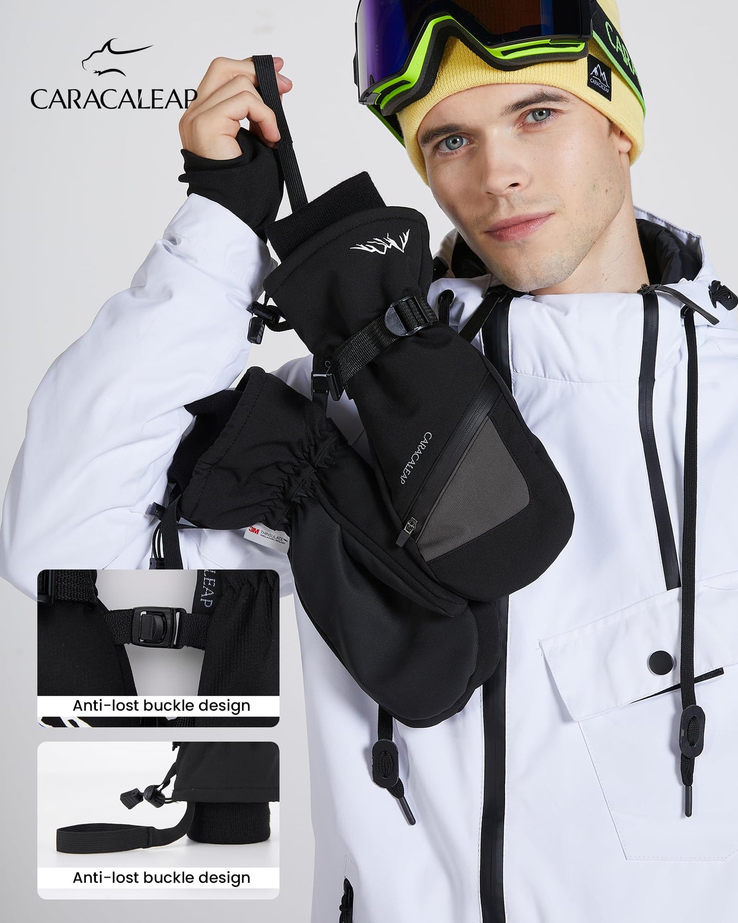 Winter Ski Mittens for Men Women Cold Weather- Warm Snow Snowboard Mittens Gloves Windproof & Waterproof, Thinsulate Warm Snow Sports Mitts with Pocket Skiing Snowboarding Mitts Gloves Black XS-S