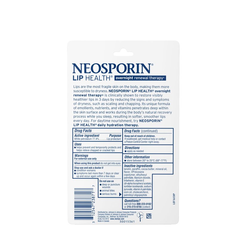 Neosporin Lip Health Overnight Renewal Therapy White Petrolatum Protectant and Moisturizer to Nourish & Repair Dryness, Helps Relieve, Prevent, Hydrate, & Protect, 0.27 oz, 2 Pack