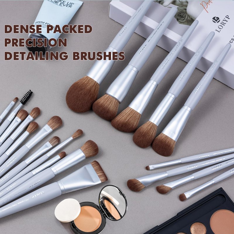 LORYP Makeup Brush Set Professional Synthetic Vegan for Beginners Gift Home Daily Use with Storage Pouch No Shedding No Scratch Face & Eye Brush Gray 20 Pcs