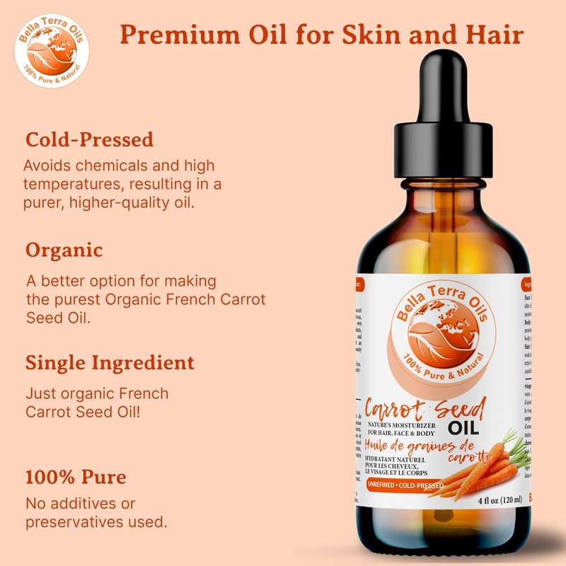 Bella Terra Oils - Organic Carrot Seed Oil 8 oz - Unveiling Organic Carrot's Enzymes & Nutritional Benefits, A Cold-Pressed Delight for a Natural Skin Glow