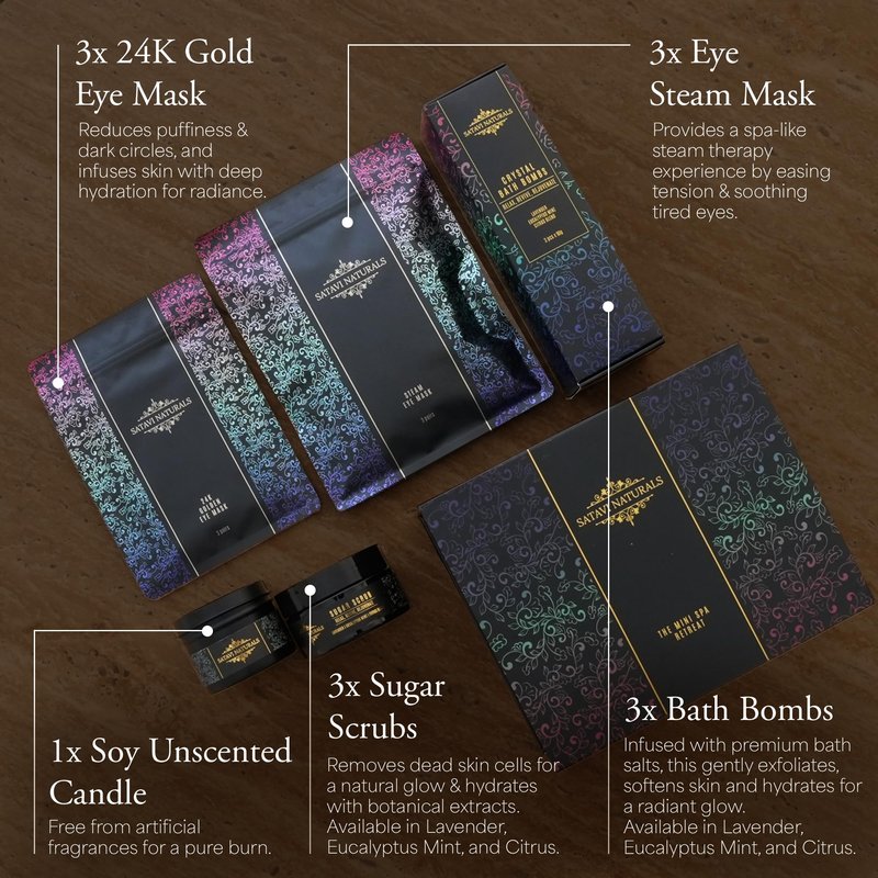 Spa Gift Set for Women – The Mini Spa Retreat | Bath Bombs, Sugar Scrub, Candle, 24K Gold Eye Masks & Steam Eye Mask | Self Care & Relaxation Gift Box for Stress Relief at Home