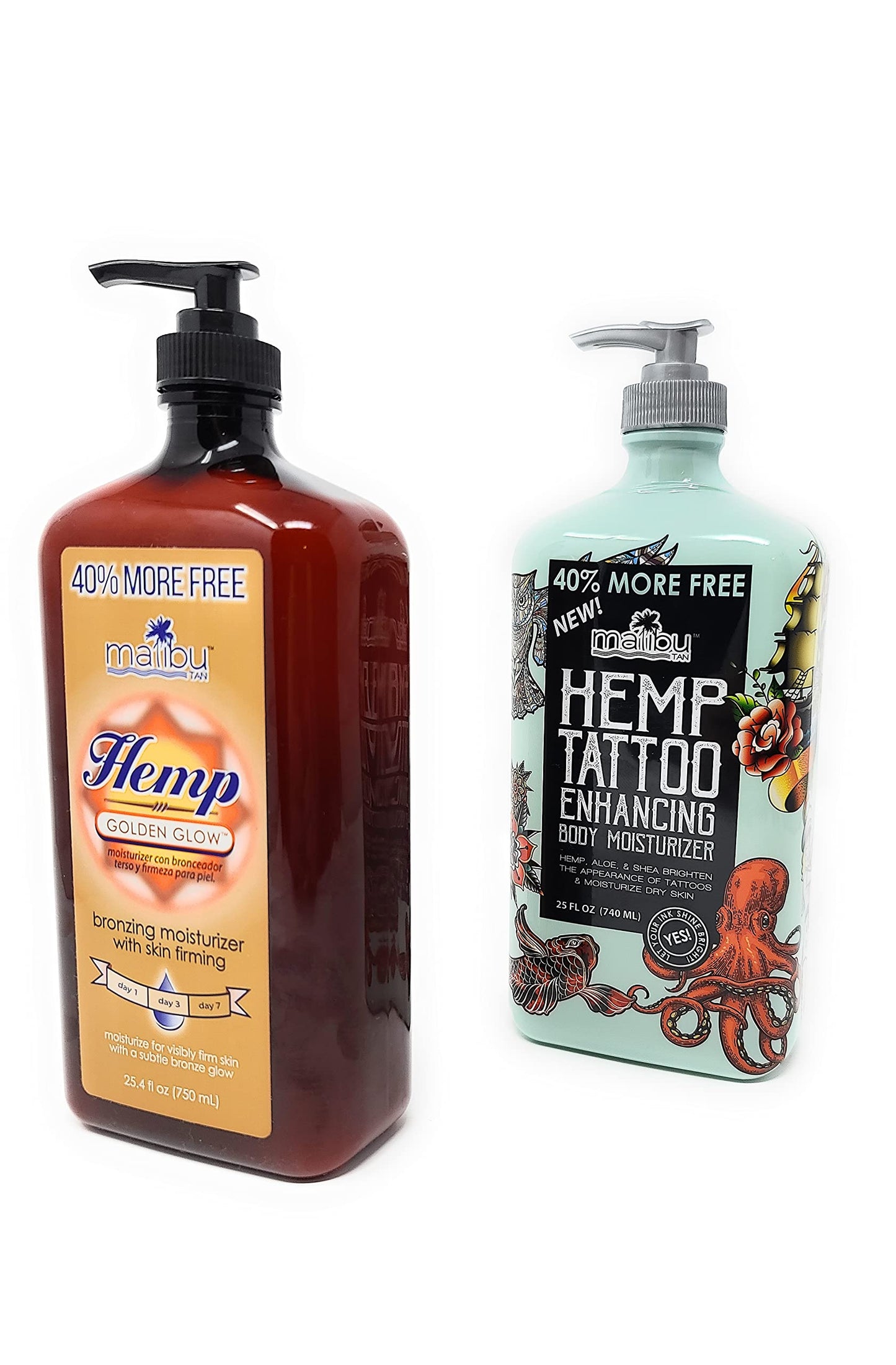 Bundle Of Malibu Moisturizer 40% More Free: Malibu Hemp Tattoo Enhancing Body Moisturizer 25 FL OZ & Malibu Hemp Golden Glow 25.4 FL OZ