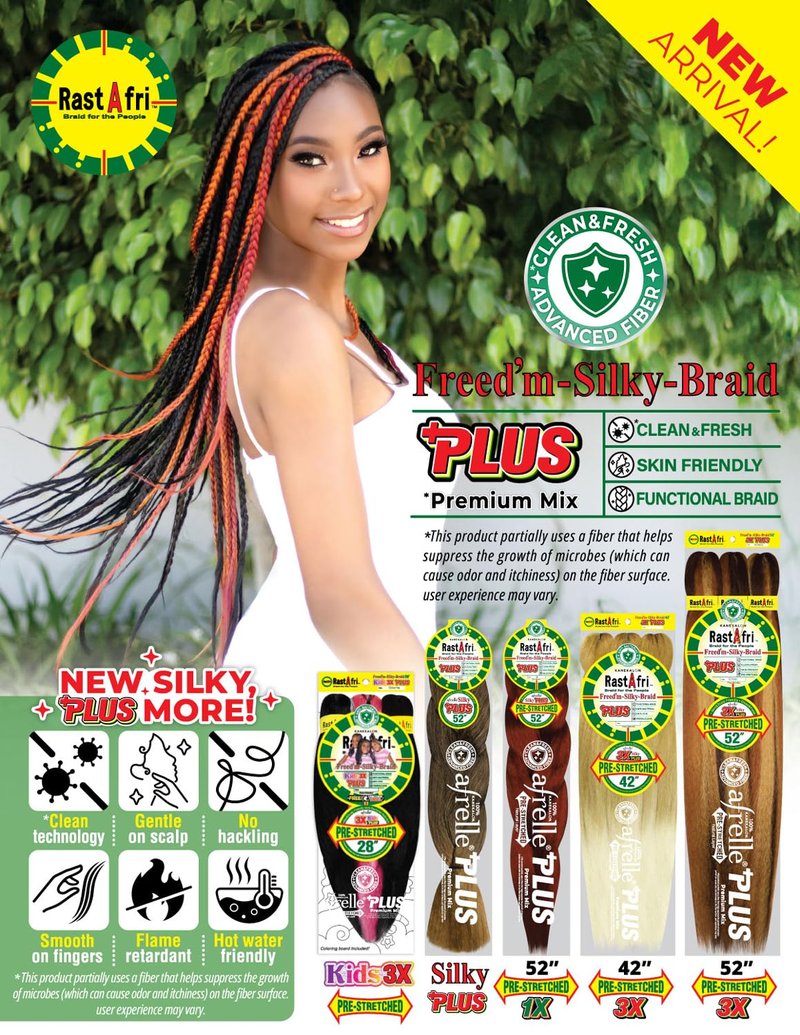 RastAfri Pre-Stretched Silky Braiding Hair 3X with Bandana - 2 Packs (#1B)