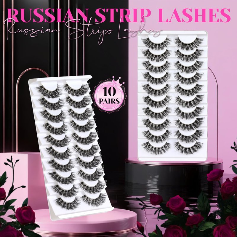 Veleasha Lashes Russian Strip Lashes Eyelashes with Clear Band Looks Like Eyelash Extensions D Curl Lash Strips 10 Pairs Pack (DT01)