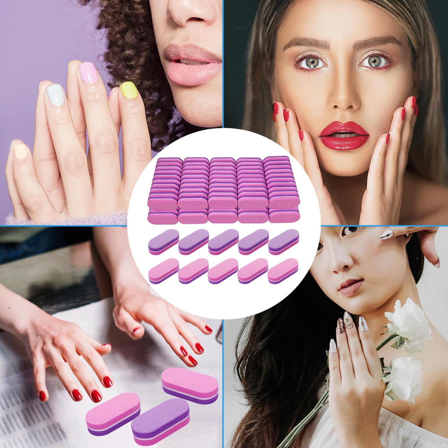 Mini Nail Buffer (100 Pack), Buffers for Acrylic Nails and Natural Nails, 100/180 Grit Nail Buffer Block Nail File Bulk Small Buffing Blocks for Nail Buff Professional Manicure Set Purple/Pink
