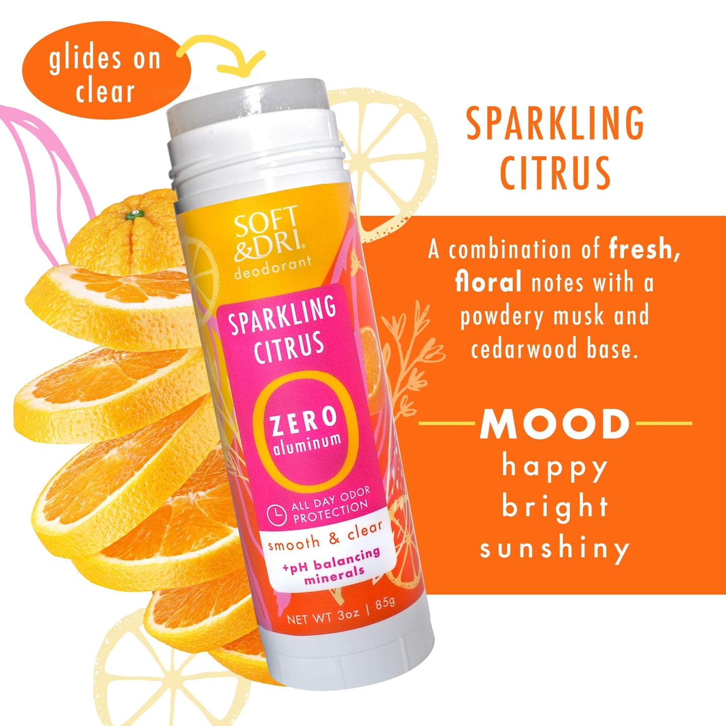 Soft & Dri Sparkling Citrus Aluminum Free Deodorant, 3 oz, Smooth and Clear Stick, pH Balancing Minerals, 3 pack