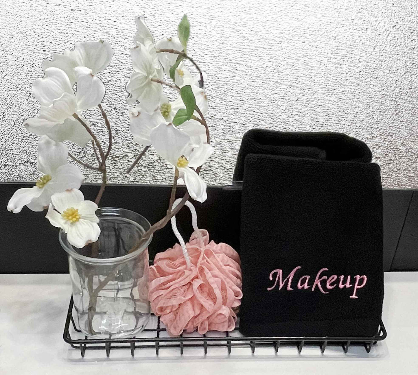 Liberty21 Makeup Embroidered Towel Set for face. 100% Soft Cotton. Facial Makeup Remover Washcloths. Reusable Face Towel Set of Four. (Black & Pink Embroidery)