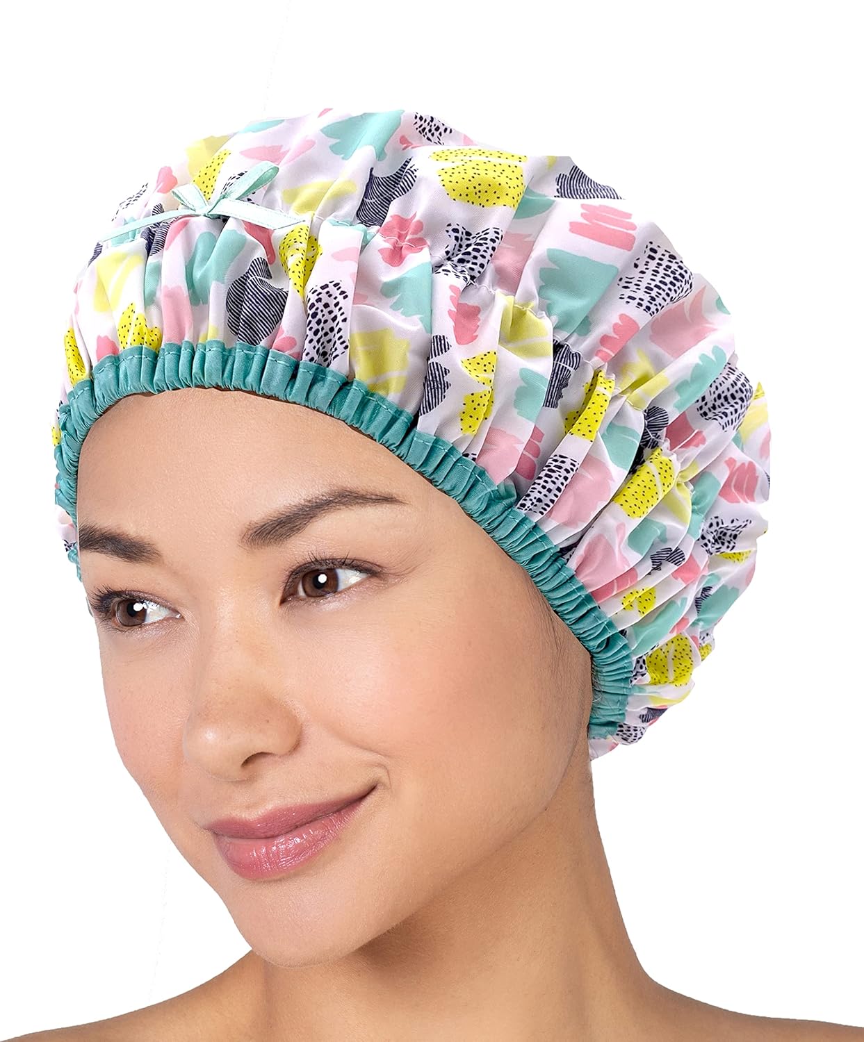 Reusable Shower Cap & Bath Cap & Lined, Oversized Waterproof Shower Caps Large Designed for all Hair Lengths with PEVA Lining & Elastic Band Stretch Hem Hair Hat - Fashionista Deco Dots