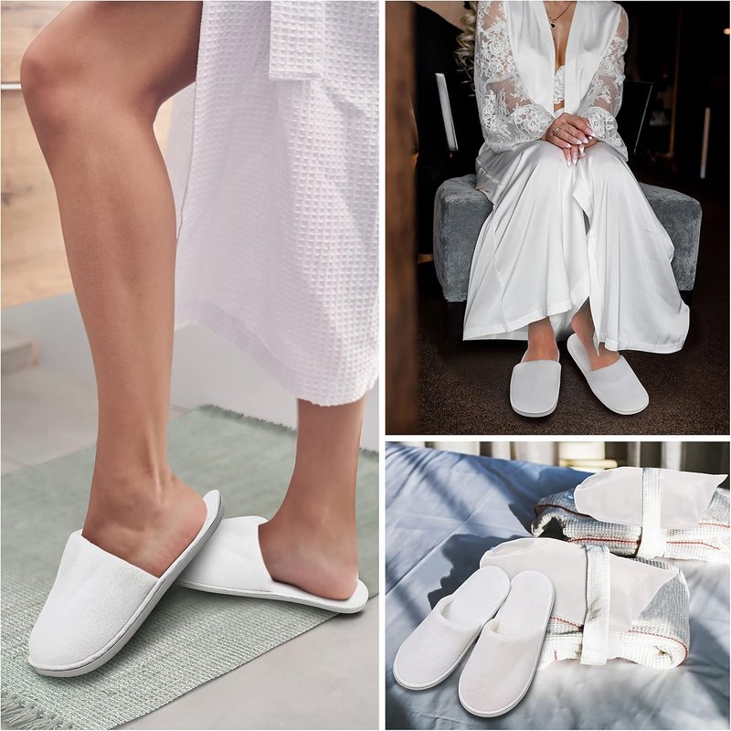 Disposable Spa Slippers - Fluffy Closed Toe Slippers with Drawstring Bags | Two Sizes (S, L) for Home, Travel, Weddings
