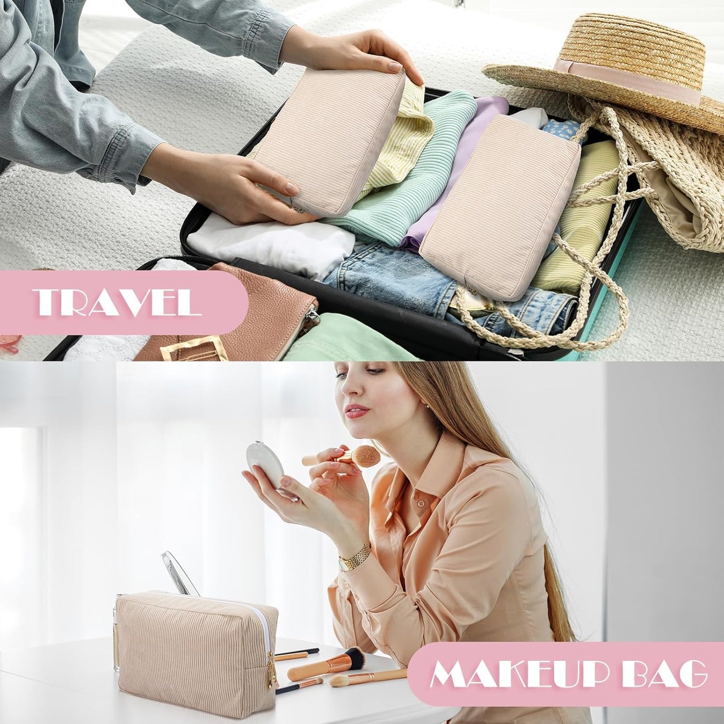 Amylove 12 Pcs Corduroy Makeup Bags - Large Capacity Portable Cosmetic Pouches | Beige & Pink Travel Organizers for Women