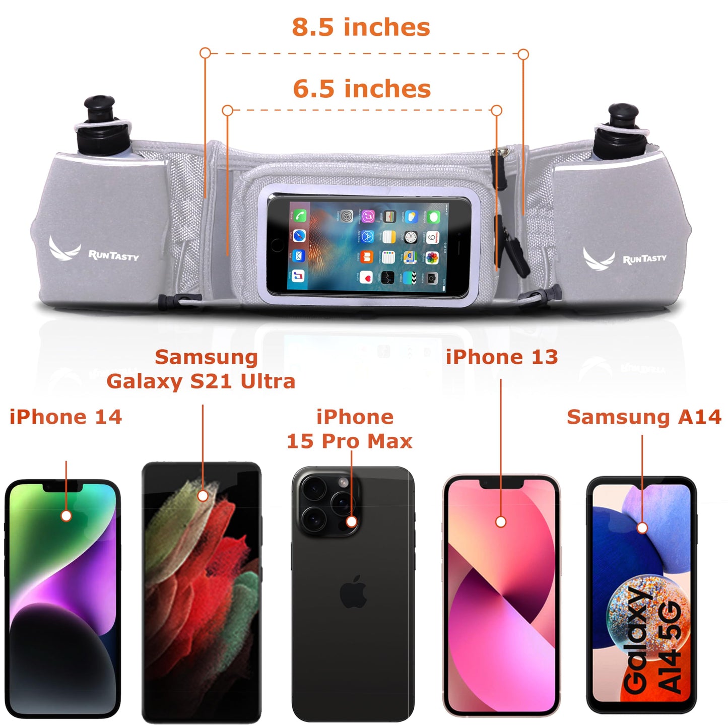 No.1 Hydration Belt by Runtasty - Premium Winners' Running Fuel Belt w/2 BPA-Free 10 oz Water Bottles, Tilt-Up Pocket w/Touchscreen-Ready Cover - Fits All iPhones, No-Bounce Design (Platinum Gray)