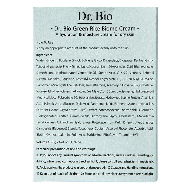 Dr.Bio Green Rice Biome Cream (1.69 fl.oz) with Probiotic, Vegan Moisturiser, Reduce Dark Spot, Treat Hyperpigmentation & Blemish, Radiant Skin, Skin Barrier Care, Fragrance-Free, Korean Skincare